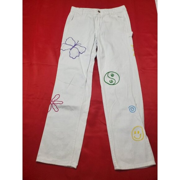 Pacsun Carpenter Pants Size 27 Womens Bootcut Festival Hippie Butterfly Mushroom - Picture 1 of 16